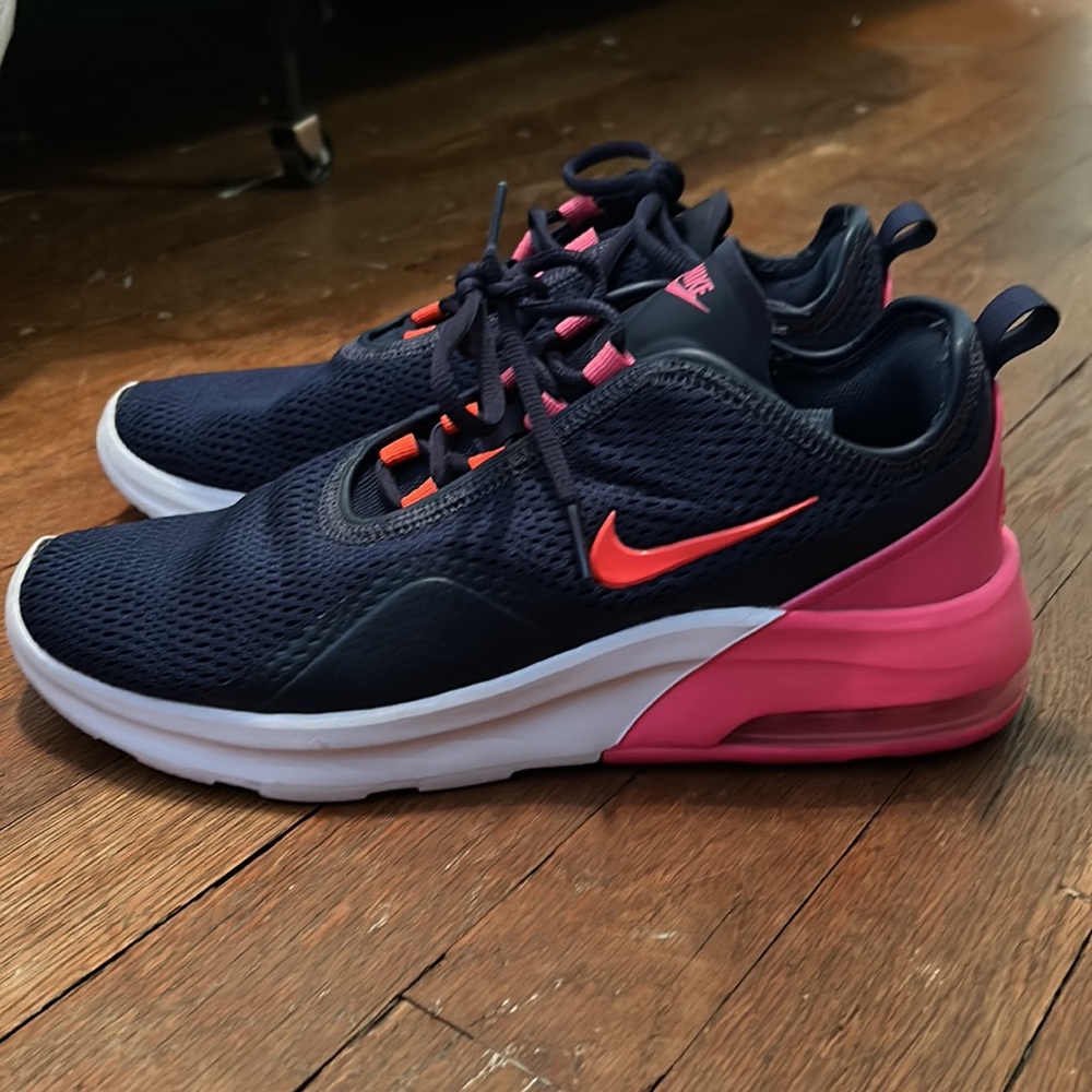 size 9.5, nike, navy, white and pink